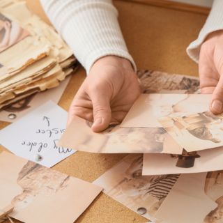 Hands looking through old photographs and records
